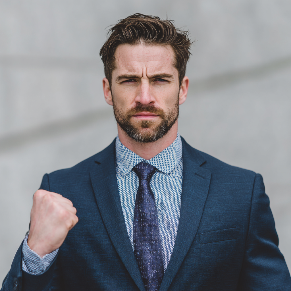 Athletic man in business attire showing confidence and success after personal development journey