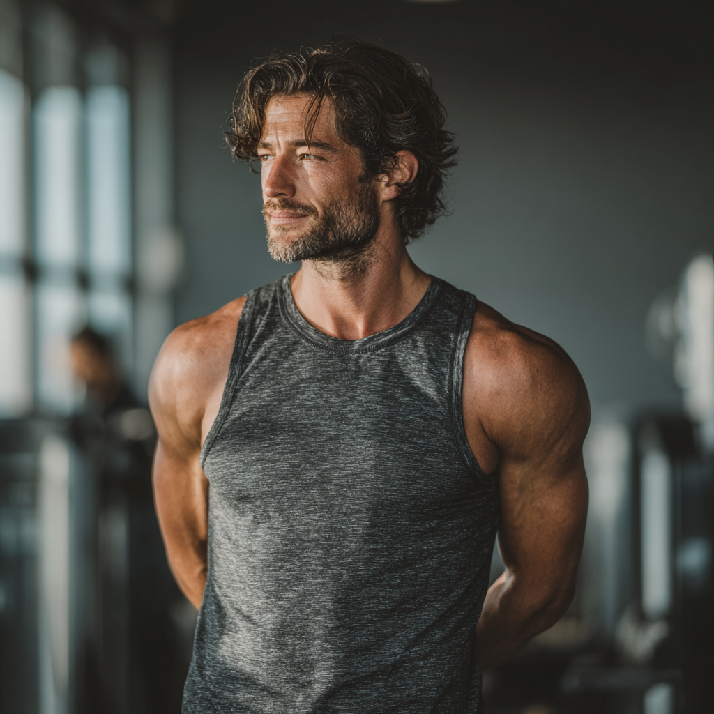 Confident man in athletic wear demonstrating strength training exercises in modern gym setting
